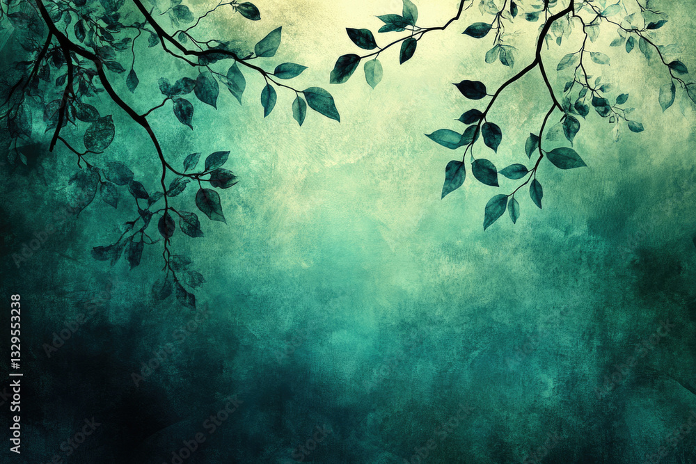 Aufkleber Silhouette of tree branches with leaves against a teal watercolor background, creating a serene and moody atmosphere.