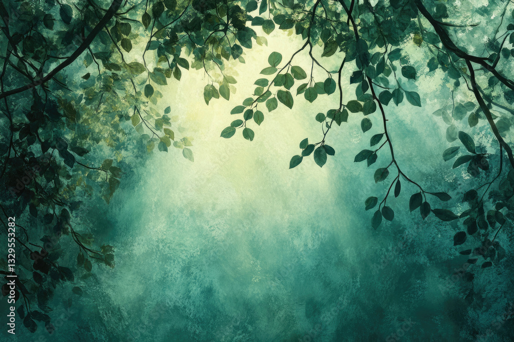 Poster Serene forest scene with sunlit leaves hanging from branches, creating a tranquil, ethereal ambiance.