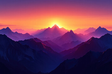 Vibrant sunset paints the majestic mountain range in hues of purple, pink, and orange.