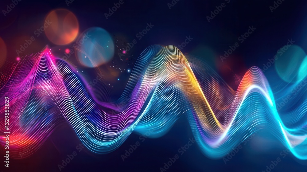 Poster mesmerizing abstract composition of dynamic swirling sound waves illuminated by vibrant neon lights 