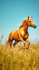 Obraz premium Golden Horse with Flowing Mane Running Through a Field of Tall Wheat Under a Blue Sky
