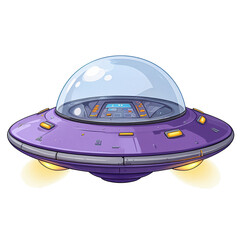 retro-futuristic ilustration of a purple flying saucer with a glass bubble cockpit