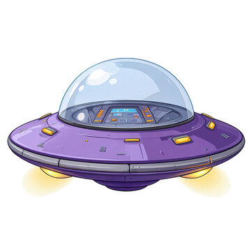 retro-futuristic ilustration of a purple flying saucer with a glass bubble cockpit