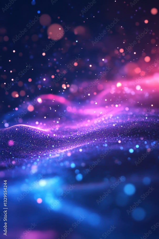 Poster ethereal cosmic dance of light particles and neon swirls in dark space creating magical abstract bac