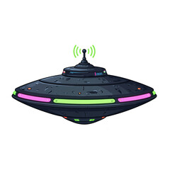 retro-futuristic ilustration of a black flying saucer with green and magenta lights and an antenna