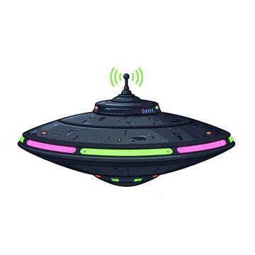 retro-futuristic ilustration of a black flying saucer with green and magenta lights and an antenna