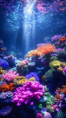 Fototapeta premium Vibrant Bioluminescent Coral Reef Underwater Seascape with Glowing Marine Life
