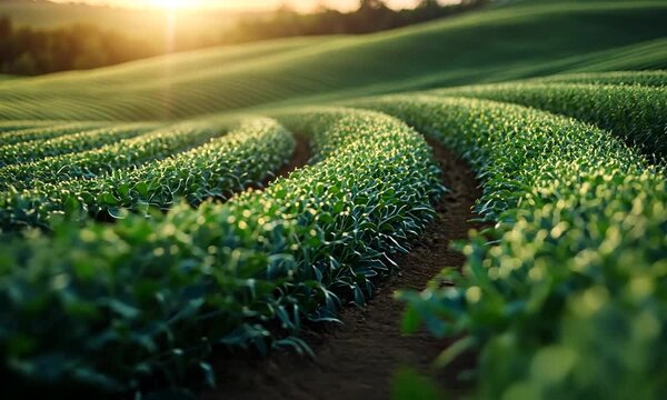 Lush green fields with winding rows of crops under a golden sunset, showcasing agricultural beauty