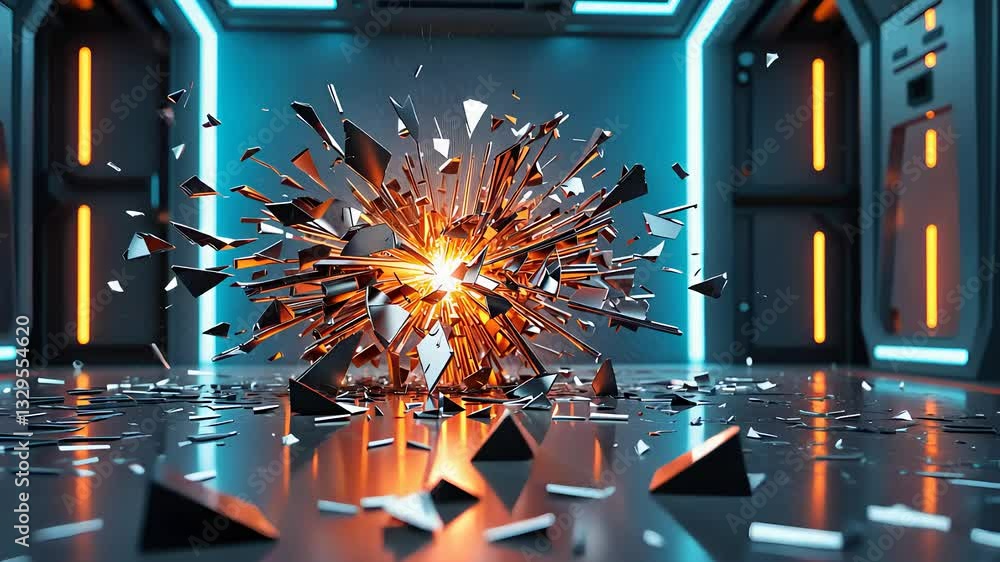 Poster futuristic explosion of shards and fragments in a high-tech environment with glowing lights and meta