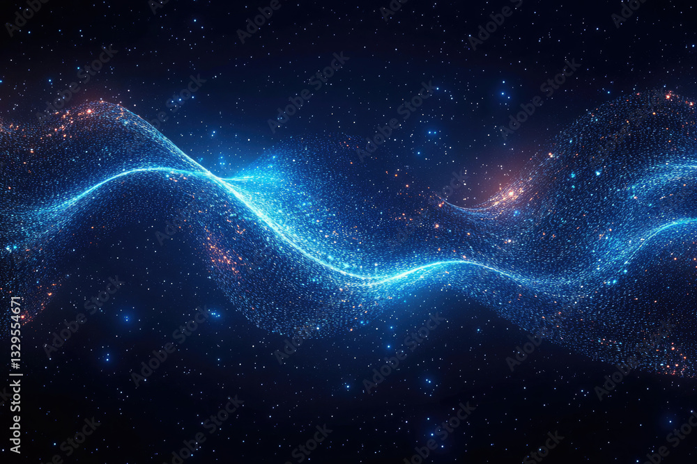 Poster abstract cosmic wave of glowing particles and stars in deep space, a mesmerizing digital artwork.