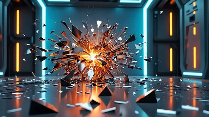 Futuristic explosion of shards and fragments in a high-tech environment with glowing lights and metallic surfaces.
- Powered by Adobe