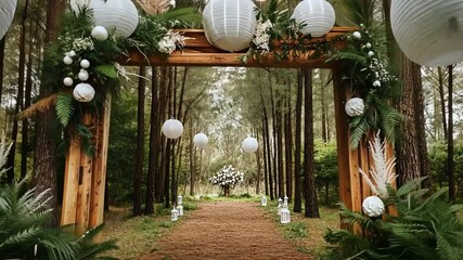 A wedding ceremony is taking place in a forest