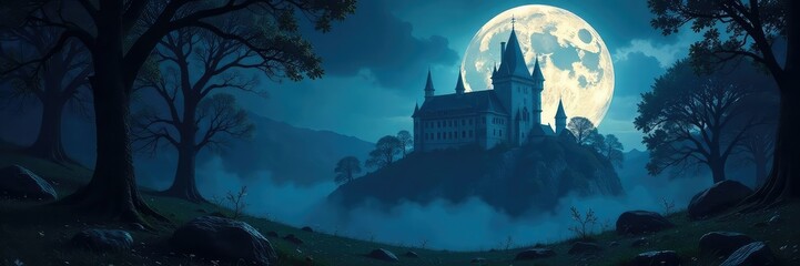The full moon illuminates a mystical forest near an ancient castle, eerie, mystical, mysterious