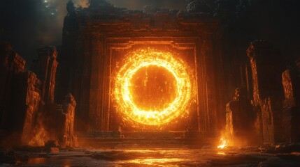 an ancient stone portal illuminated with glowing golden energy, framed by weathered rock structures and evoking a sense of mystery and adventure