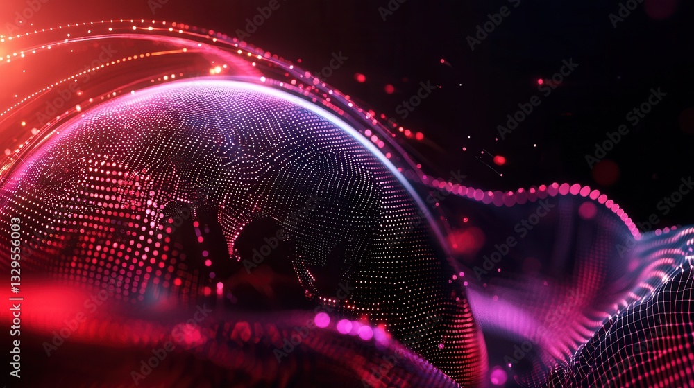 Poster futuristic digital visualization of a glowing luminous sphere representing a global data wave and in