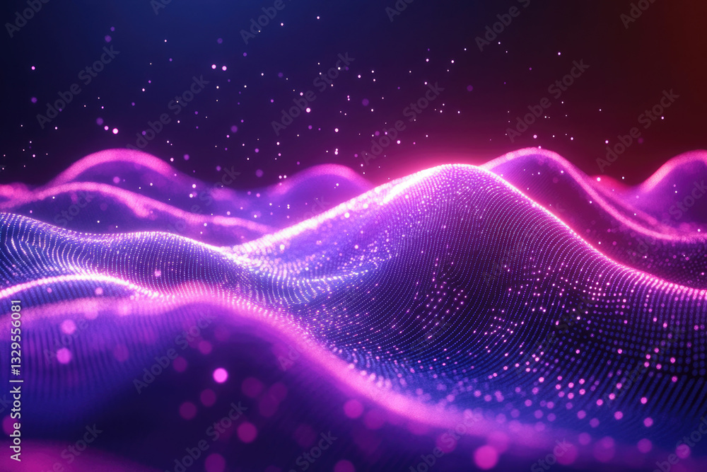 Poster abstract purple and pink glowing particle wave background. digital technology, futuristic concept.