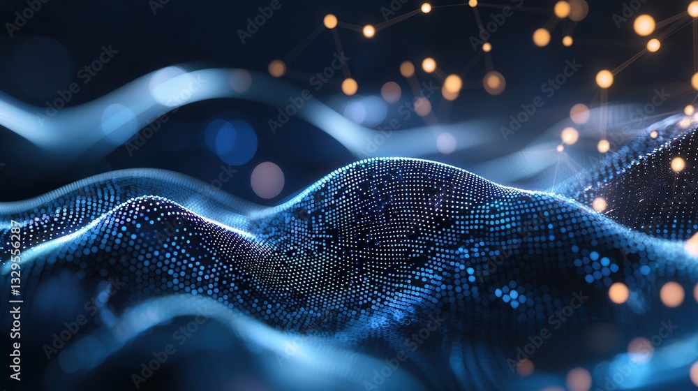 Poster captivating abstract digital landscape with dynamic luminous waves of light flowing across a dark co