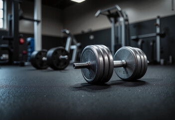 Naklejka premium Heavy dumbbells on a rubber mat in the gym floor with clear details of weight and grip