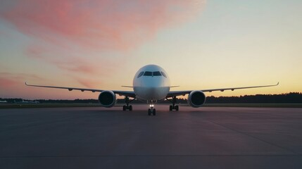
Front view of a white airplane on the airport runway with a beautiful sunset sky background, a travel and transportation concept