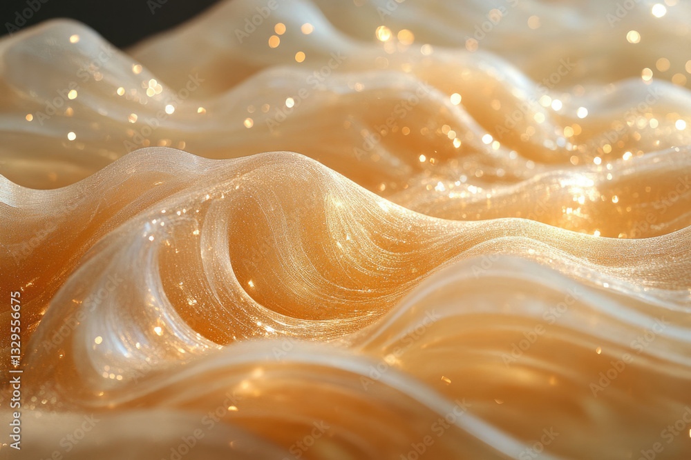 Poster golden, shimmering fabric draped in soft waves, sparkling with light.