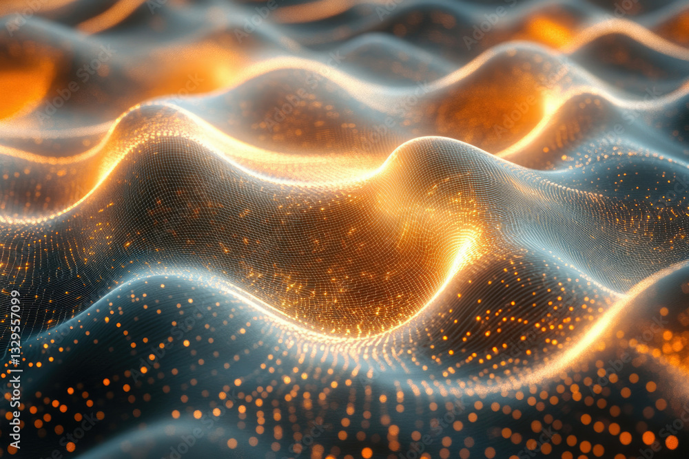 Poster abstract digital landscape with glowing orange and blue waves, forming a mesh-like structure.