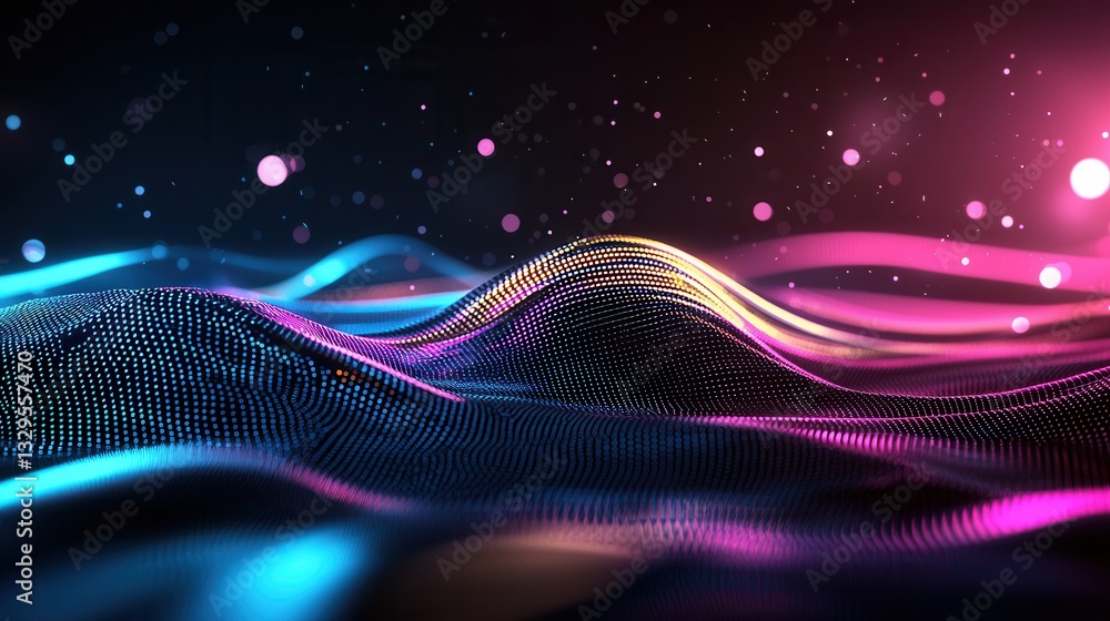 Poster vibrant dynamic abstract composition featuring undulating neon wave lines in a spectrum of bold glow