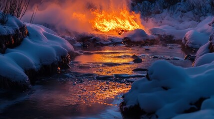 Fototapeta premium Ice melting into flowing rivers beneath the raging fire, glowing steam clouds filling the air, fantasy realism, vibrant colors