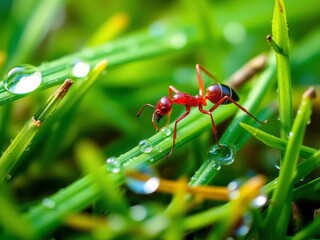  A Red Ant on Green Grass with Dew Drops on the Surface