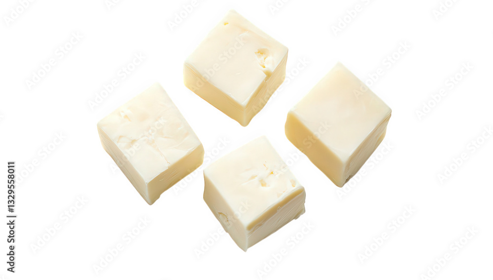 Poster four cubes of a creamy pale-colored substance likely butter or a similar dairy product arranged neat