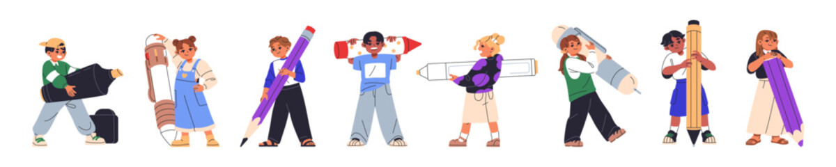 Set of tiny children with big stationery. Happy kids writing with huge pen, drawing with pencil, crayon. Creative students hold large highlighter, chalk. Flat isolated vector illustrations on white.