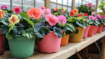 Many vibrant flower pots in a greenhouse, each containing blooming evergreen begonias