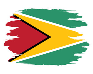 Distressed flag Guyana. Guyana flag with grunge texture. Independence Day. Banner, poster template. State flag Guyana with coat arms. Brush drawn flag Republic Guyana.
