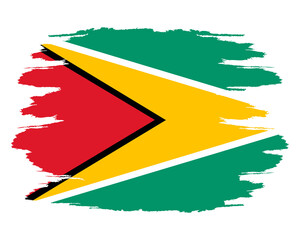 Distressed flag Guyana. Guyana flag with grunge texture. Independence Day. Banner, poster template. State flag Guyana with coat arms. Brush drawn flag Republic Guyana.