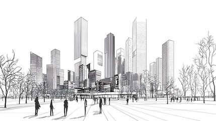 Fototapeta premium Modern City Skyline Line Drawing