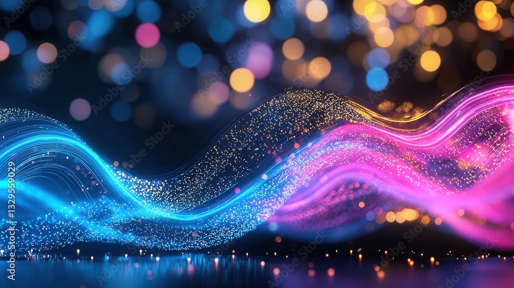 Poster mesmerizing abstract image featuring a dynamic flowing wave of shimmering neon glitter in vibrant co
