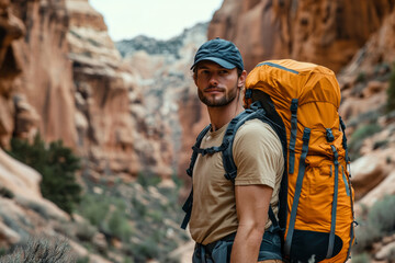 man hiking with large orange backpack in rocky canyon