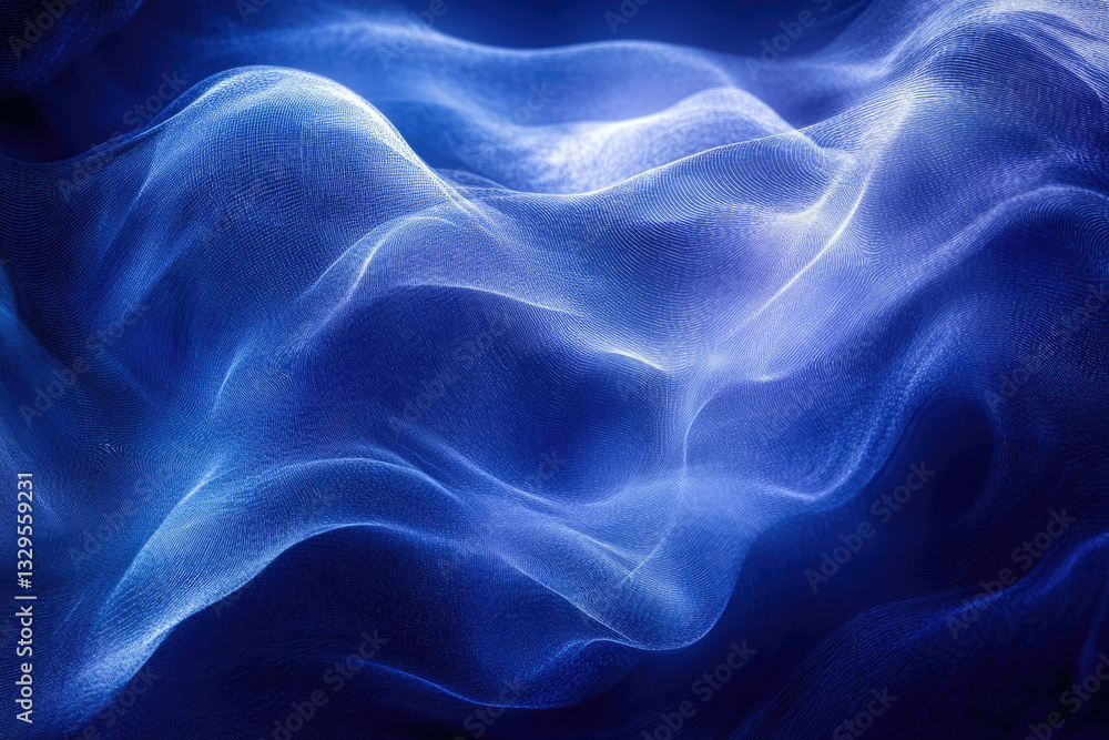 Poster abstract blue digital wave background, glowing particles forming flowing lines and mesh.