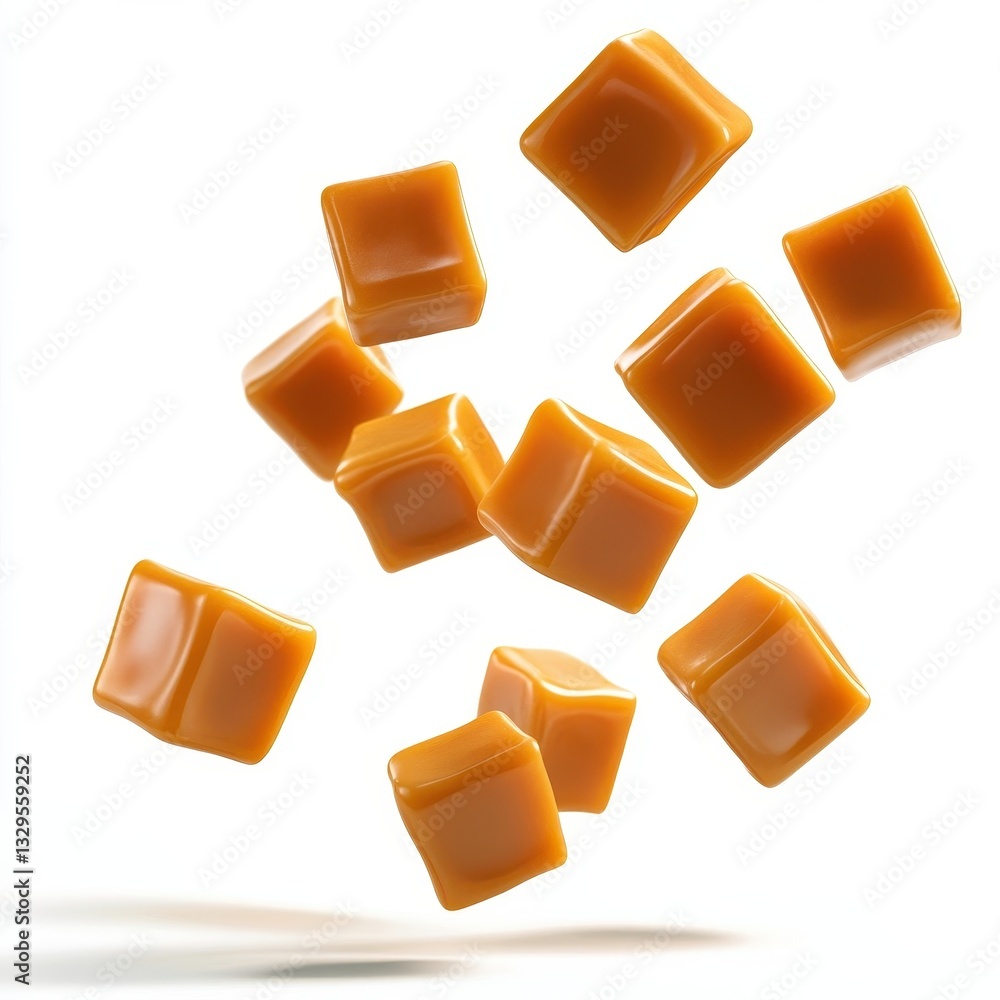 Poster levitating golden caramel candy cubes in dynamic motion with light and shadow play