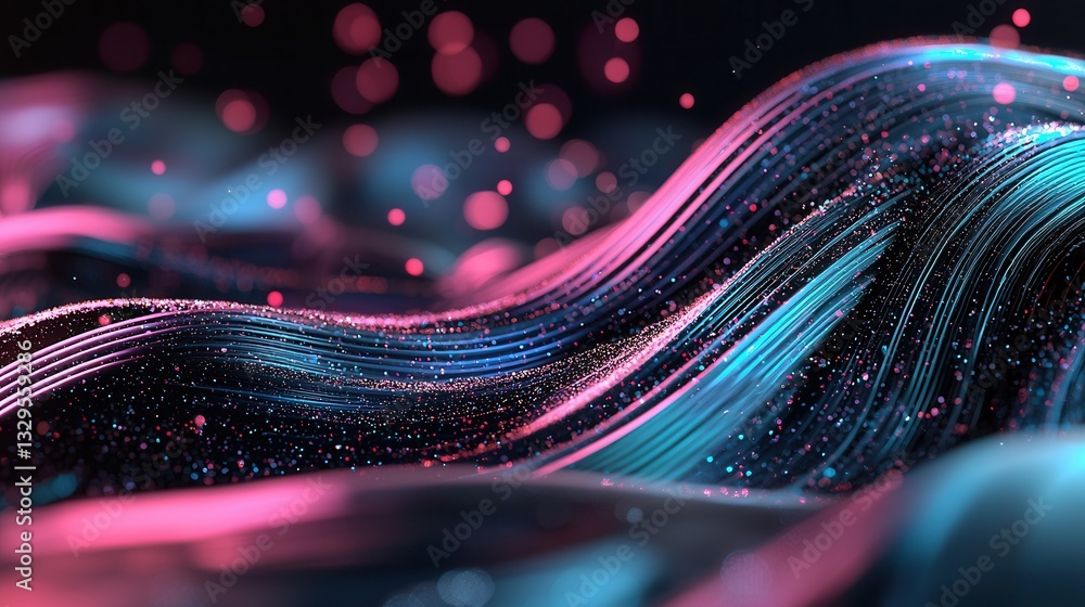 Poster captivating abstract composition featuring vibrant neon inspired waves and shimmering luminous patte