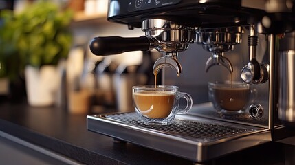 Espresso machine pouring delicious coffee into a glass cup in a modern kitchen