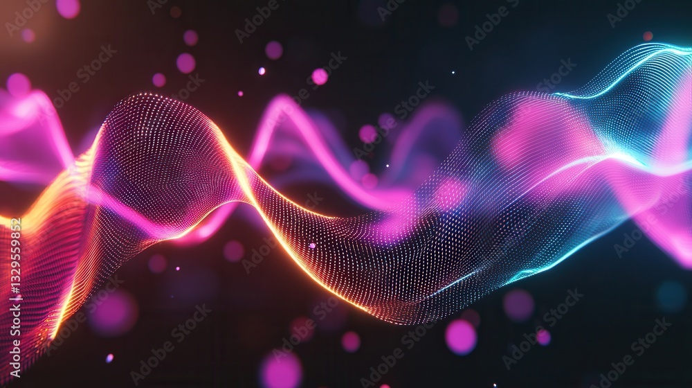 Poster dynamic abstract composition of vibrant neon like waves and glowing bokeh lights creating a captivat