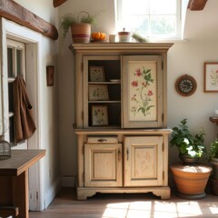  A weathered vintage cupboard with botanical prints, placed in a sunlit corner of a country cottage