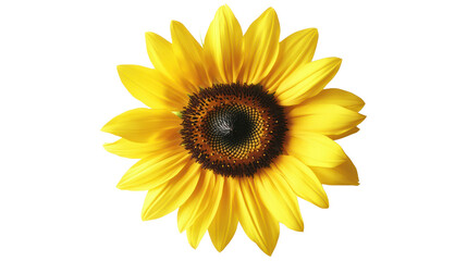 Fototapeta premium A vibrant sunflower with bright yellow petals and a dark center, isolated on a white background.
