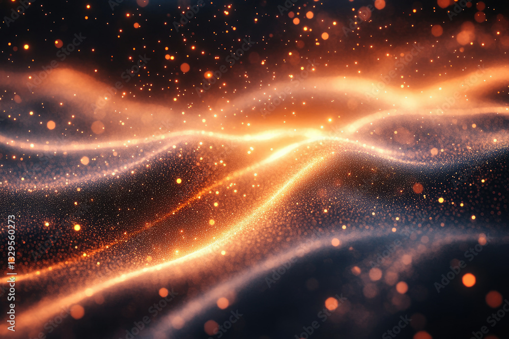 Poster glowing particles form abstract waves, creating a mesmerizing cosmic or fantasy landscape.