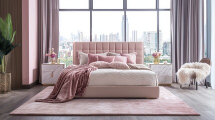 Fototapeta premium Luxurious modern bedroom, pink and beige color palette, marble bedside table, large glass window overlooking city, soft cozy rug