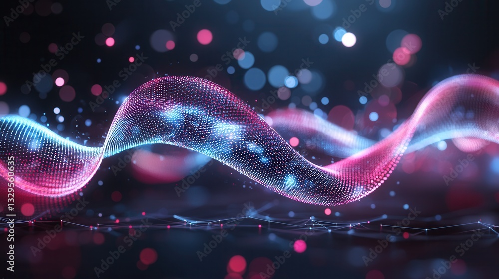 Poster captivating abstract neon wave patterns in vibrant shimmering hues of pink and blue creating a mesme