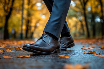 Man walking on autumn leaves in formal shoes outdoors