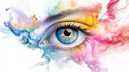 A vivid and colorful depiction of an eye surrounded by abstract splashes of color.