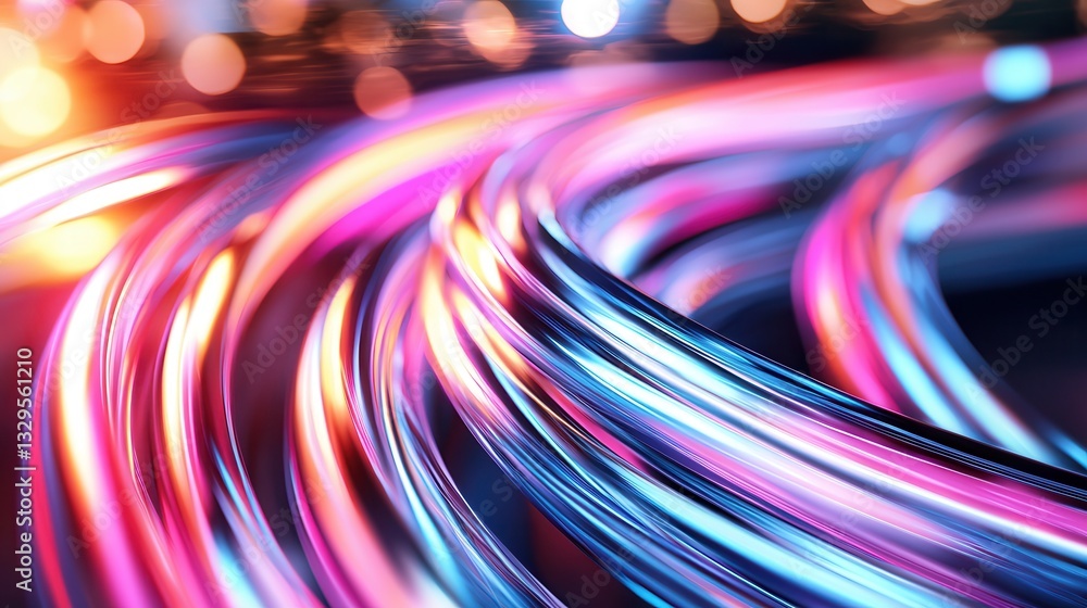 Poster vibrant luminous neon wave lines swirling and flowing in a dynamic high speed motion creating a mesm
