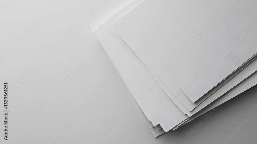 Poster neat stack of blank papers resting on a light green background, ideal for office and simplicity them
